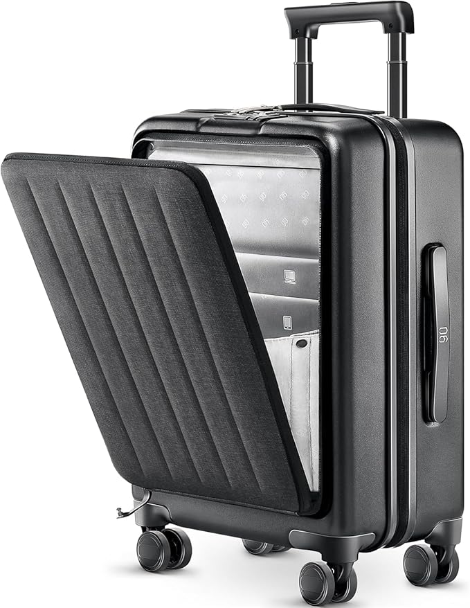 NINETYGO Carry on Luggage 22X14X9 Airline Approved with Front Laptop Pocket, 20 Inch Luggage with Front Compartment, Expandable, Double Spinner Wheels, Hardsided PC, TSA Lock (Black, Seine Max)