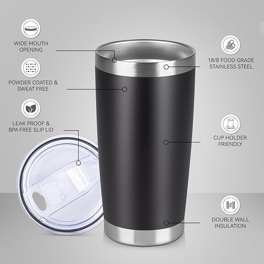 20 oz Tumbler Stainless Steel Tumblers Bulk with Lid Double Wall Insulated Coffee Tumbler Cups for Hot & Cold Drinks Powder Coated Travel Coffee Tumbler Mug Metal (Black, 6 pack)
