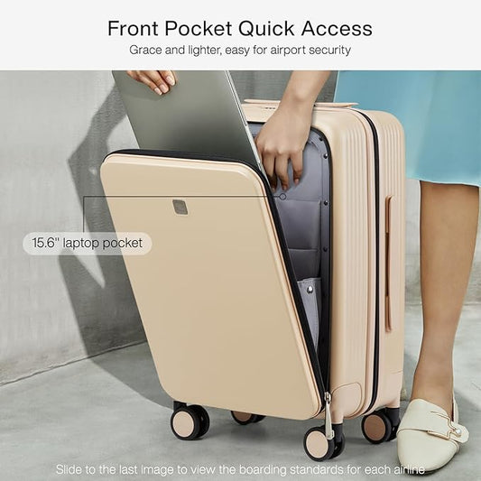Hanke Grace Carry On Luggage with Wheels Airline Approved Hard Shell Suitcases with Front Pocket,Top Opening Luggage with TSA Lock for Short Business Travel, Cuban Sand.