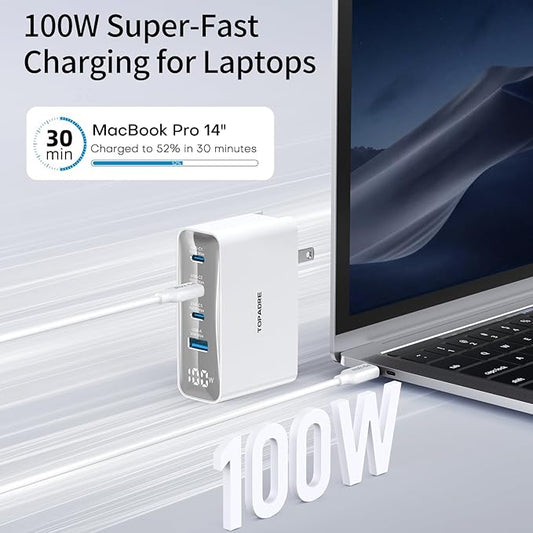 100W USB C Travel Charger, 4-Ports Foldable Travel Adapter Plug Converter with UK/EU/AU Plugs,Fast Charging for Macbook Pro/Air,for iPad Pro/iPhone 16/15 Pro Max, for 45w Samsung Galaxy, White