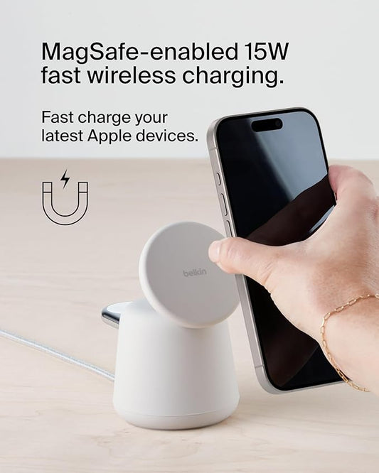 Belkin 2-in-1 MagSafe Wireless Charging Dock 15W Fast Charge iPhone Charger Compatible with iPhone 17, 16, 15, and 14 Series, AirPods, Pixel 10, and Other MagSafe Enabled Devices, PSU Included - Sand