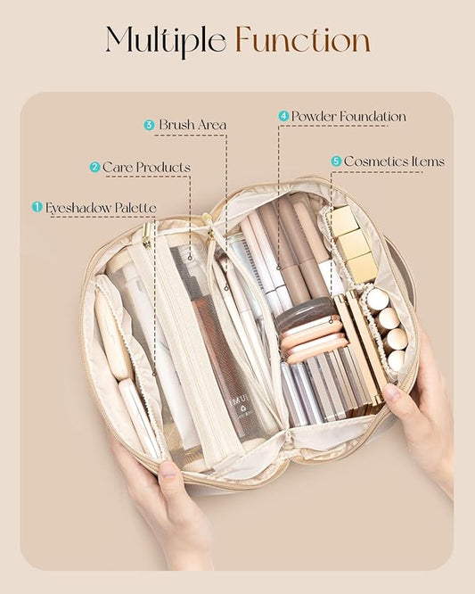 Vlando Makeup Bag,Large Capacity Travel Toiletry Bag,Cosmetic Bags for Women PU Leather Waterproof Portable Pouch with Divider & Handle-Toffee