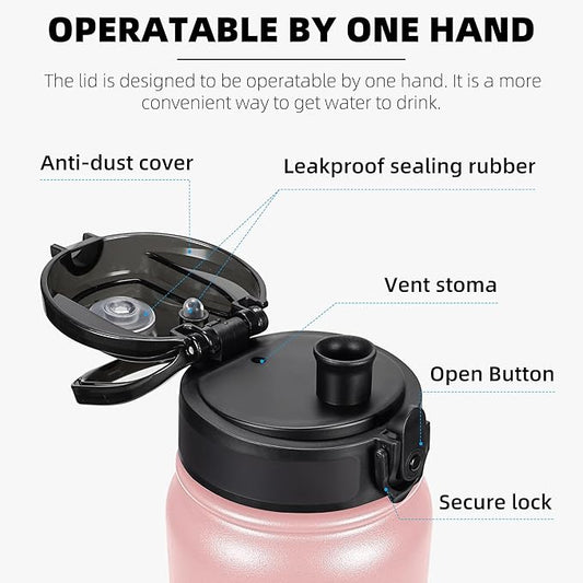 Fanhaw 32 Oz Insulated Stainless Steel Vacuum Water Bottle with Anti-Dust Pop-Open Lid - For Kids, Women, Men | Leak & Sweat Proof (Pink)