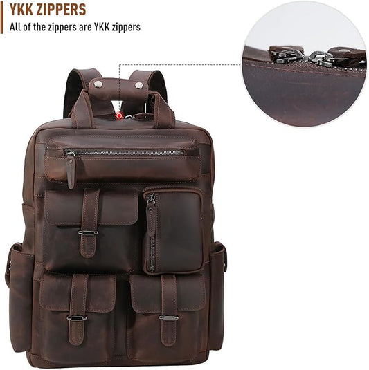 Polare Cowhide Leather Multiple Laptop Backpack Day pack Travel Bag Satchel with YKK Metal Zippers