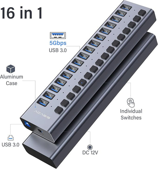 Powered USB 3.0 Hub, ACASIS 16 Ports USB 3.0 Hub with 5Gbps Data Speed,Aluminum Housing, USB Hub Powered with 90W Power Adapter, USB Hub for PC/Laptop, Computer, Flash Drive, Printer, Camera