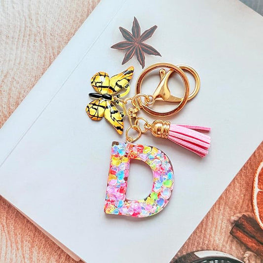 Cute Initial Letter Keychains for Girls Women with Tassel Butterfly Colourful Alphabet Keychain for Backpacks