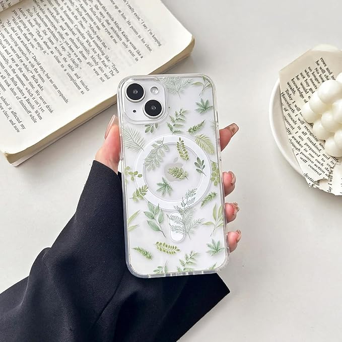 ZTOFERA for iPhone 15 Magnetic Case Compatible with Magsafe,Aesthetic Floral Pattern Design Cute for Girl Women,Anti-Drop Protective Hard Phone Cover for iPhone 15-Green Leaf