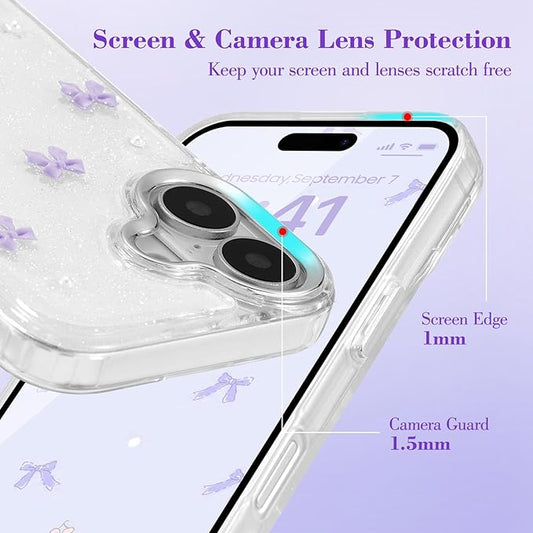 EYZUTAK Case for iPhone 16, Bling Glitter 3D Bowknot Phone Case Cute Sparkly Crystal Clear Bow Aesthetic Design Case Slim Soft Durable TPU Transparent Protective Cover for Women Girl - Purple Bow