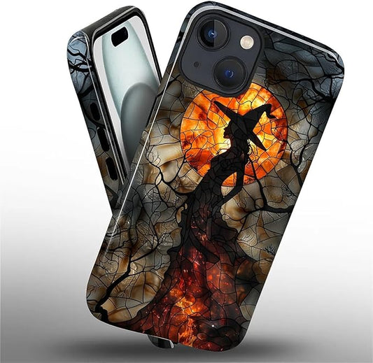 Case for iPhone 15 Plus Case,Halloween Witch Moon Stained Glass Design Hybrid Dual Protection Silicone + Hard PC Shockproof Full Body Cover Slim Anti-Scratch Protective Case for Men Women