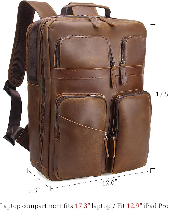 Polare 17.3 Inch Full Grain Leather Backpack for Men and Women Multi Pockets Business Travel Laptop Rucksack (Light Brown)