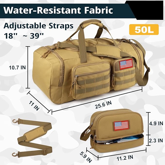 Tactical Gym Bag for Men with Toiletry Bag,50L Large 3 in 1 Sports Duffle Bag with Shoes Compartment for Travel,Water Resistant Travel Backpack Weekender Overnight Bag with Wet Pocket for Women