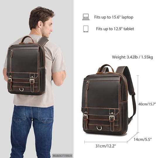 LANNSYNE Vintage Genuine Leather Backpack For Men Fits up to 16" Laptop Travel Hiking Rucksack