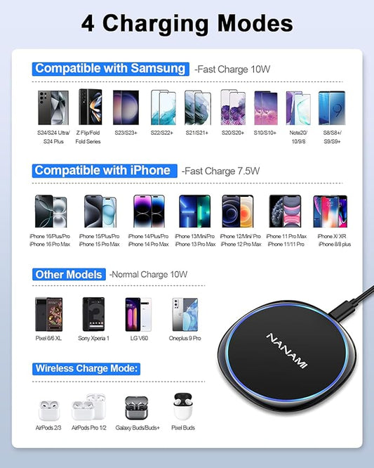 Fast Wireless Charger, NANAMI 7.5W Charging Pad Compatible iPhone 16/16 Plus/16 Pro/16 Pro Max/15/14/13/12, 10W Qi Charger for Samsung Galaxy S25/S25 Ultra/S24/S24 Ultra//S23/S22/S21 & 5W AirPods 2