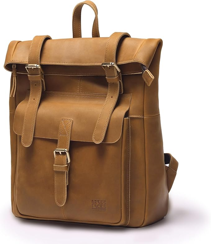 Top Grain Leather Backpack for Men Vintage Handmade Large 15.6 inch Laptop Rucksack Backpack Brown for Business Work