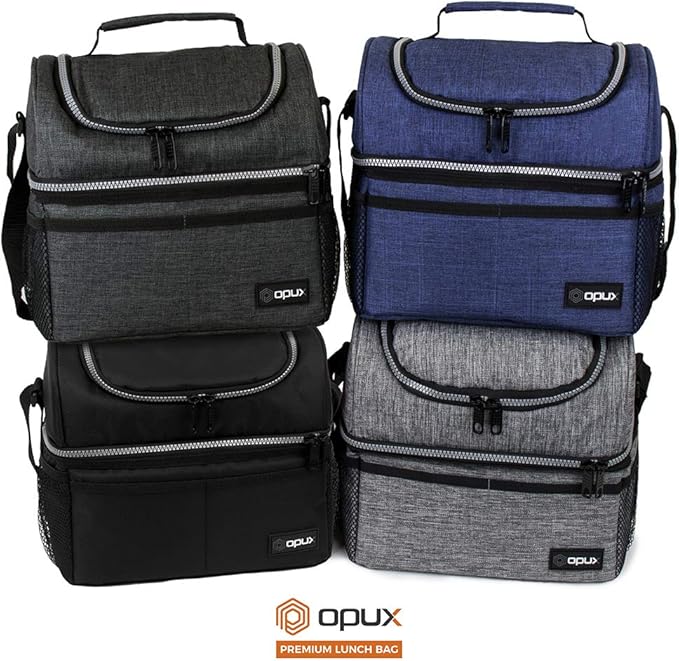 OPUX Lunch Box For Men Women, Insulated Large Lunch Bag Adult Work, Double Decker Lunchbox Meal Prep, Dual Compartment Leakproof Lunch Cooler, Soft Lunch Pail Tote Boys Girls Kids School, Black 16 Can