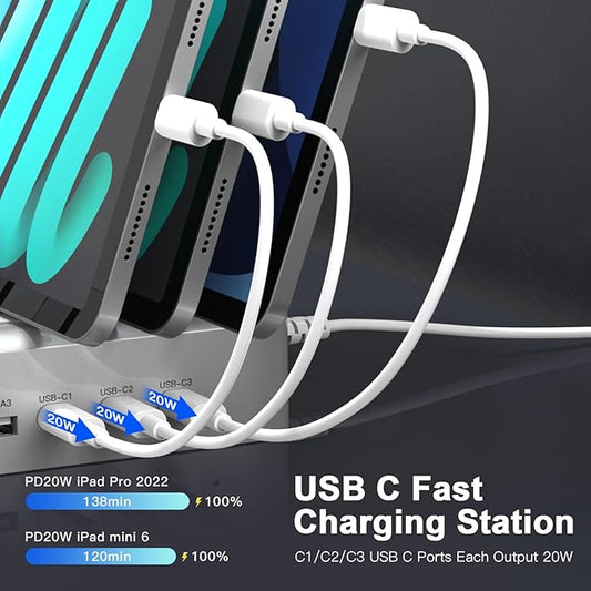 MSTJRY 90W 6-Port USB C Fast Charging Station for Multiple Devices, Multi PD Charger Station for iPhone iPad Tablet Phone, Charging Dock Organizer with Adjustable Dividers for Home Office Classroom