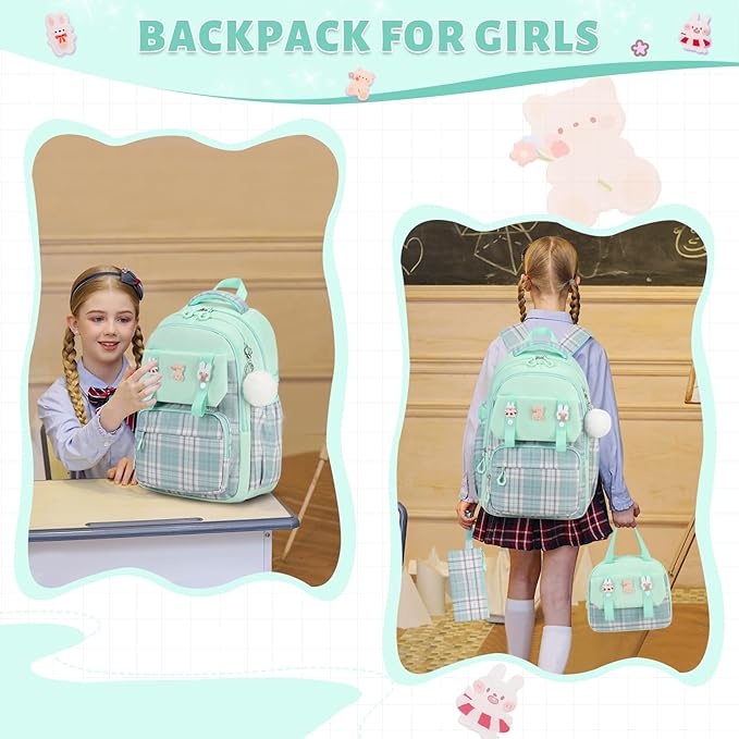 Backpack for Girls, 3PCS Kids Girls Backpacks with Lunch Bag Pencil Case for School, Cute Bookbag Teens Backpack for Kindergarten Preschool Elementary Middle School, Green