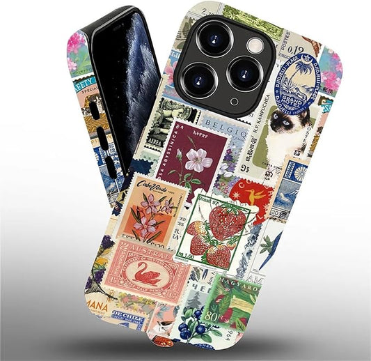 Case for iPhone 11 Pro Max,Vintage Stamp Collage for Woman Men Full Body Protective Cover Shockproof 2 in 1 Silicone + Hard PC Case for iPhone 11 Pro Max