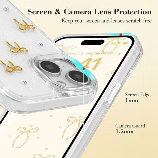 EYZUTAK Case for iPhone 15 Plus, Bling Glitter 3D Bowknot Phone Case Cute Sparkly Crystal Clear Bow Aesthetic Design Case Slim Soft Durable TPU Transparent Protective Cover for Women Girls - Gold Bow