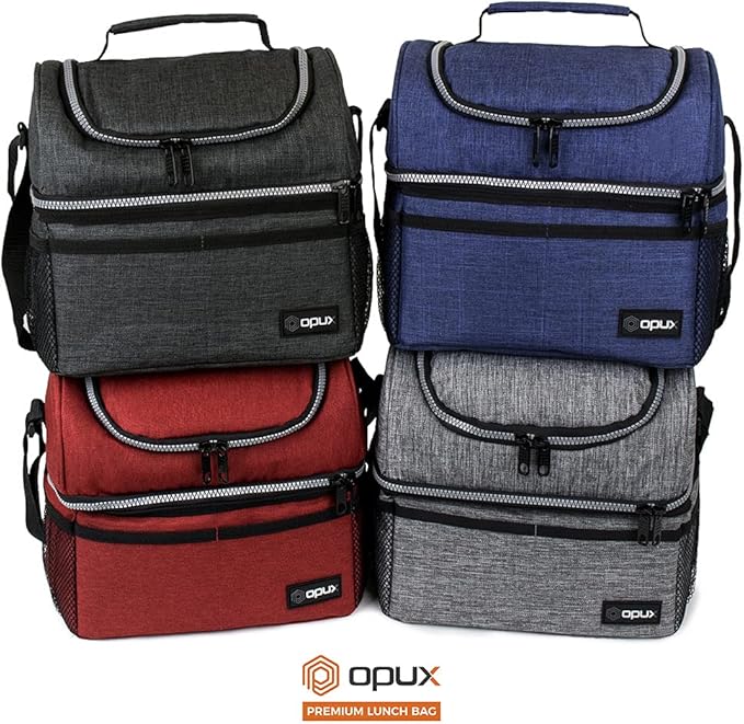 OPUX Lunch Box For Men Women, Insulated Large Lunch Bag Adult Work, Double Decker Lunchbox Meal Prep Dual Compartment Leakproof Lunch Cooler, Soft Lunch Pail Tote Boys Girls Kids School, Heather Gray