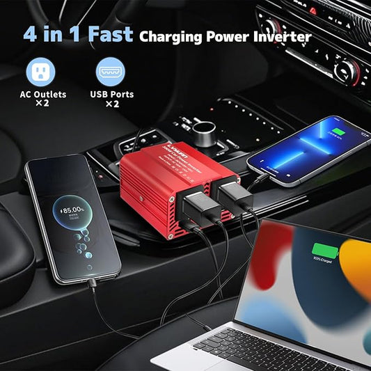 300W Power Inverter for Vehicles, LVYUAN 12V DC to 110V AC Car Plug Adapter Outlet Converter 6.2A Dual USB Charging Ports Car Truck RV Inverter for Road Trips, Red