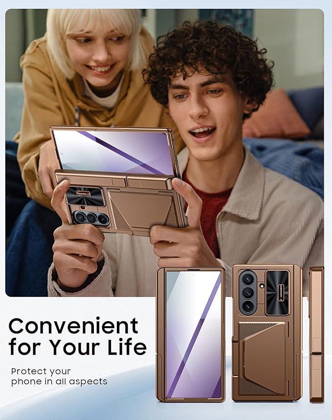 for Samsung Galaxy Z Fold 7 Case with Card Holder RFID Blocking, Built in Slide Lens Cover & Hinge Protection & Kickstand & Screen Protector, Shockproof Wallet Case for Z Fold 7 (Desert Gold)