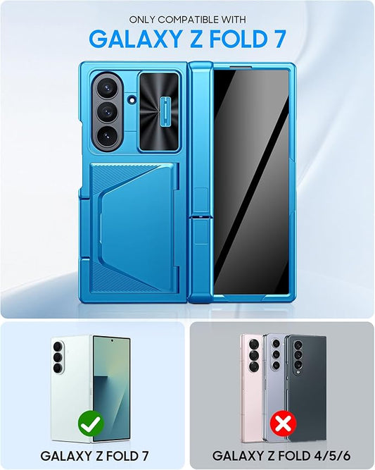 for Samsung Galaxy Z Fold 7 Case with Card Holder RFID Blocking & Privacy Screen Protector & Slide Lens Cover & Hinge Protection & Kickstand, Shockproof Wallet Case for Z Fold 7 (Lake Blue)