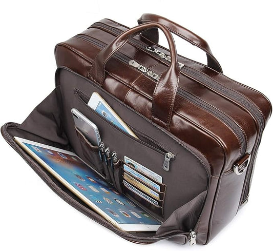 Augus Leather Briefcases for Men, Waterproof Travel Messenger Duffle Bags 17 Inch Laptop Bag YKK Zipper (cofee-1)