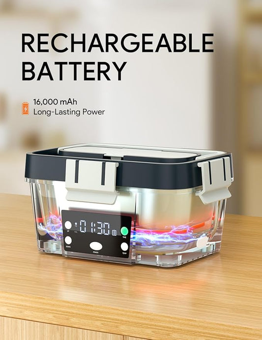 Heated Lunch Box Battery Powered with Automatic Heating, 16,000mAh Cordless Heatable Lunchbox for Adults, 1.6L Portable Food Warmer with Insulated Carry Bag Green