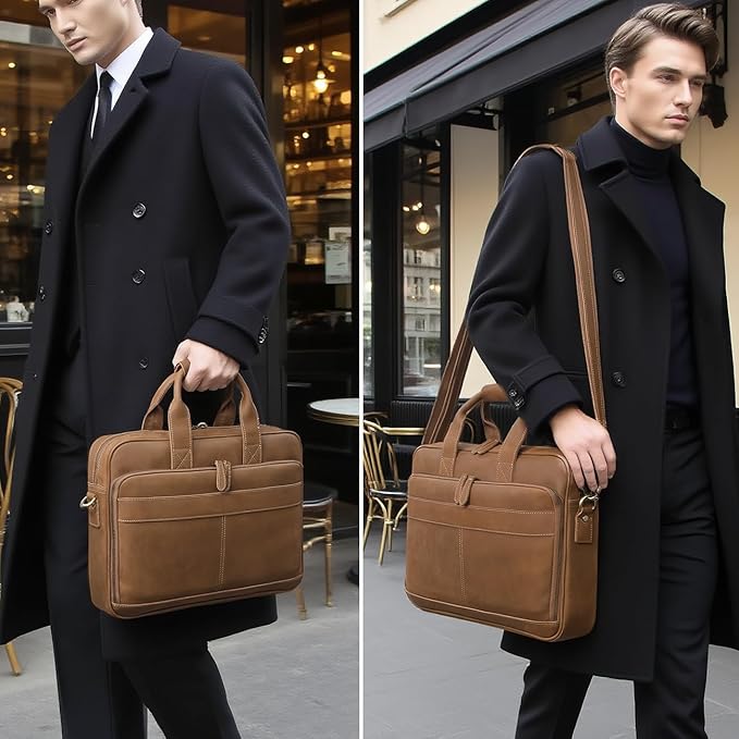 Augus Leather Messenger Bag for Men Vintage Travel Backpack 17 inch laptop Briefcase Shoulder Bags
