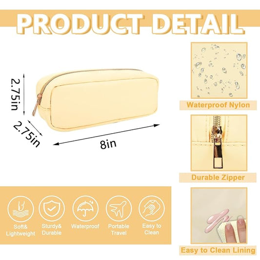 Small Pencil Case Makeup Bag for Purse, Cute Preppy Nylon Makeup Brush Bag with Zipper, Girls Portable Stationery Storage Case for Office School College (Slim-Sand)