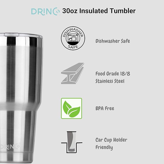 Drinco - 30 oz Stainless Steel Tumbler | Double Walled Vacuum Insulated Mug With Lid, 2 Straws, For Hot & Cold Drinks (30oz Stainless Steel, 30oz)