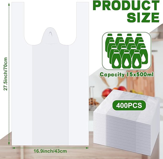 Kisston 400 Count Jumbo Size Plastic T Shirt Bags with Handles, 35 Mic, XX Large Plain Plastic T Shirt Grocery Bags, Thick and Heavy Duty (White,28" x 17")