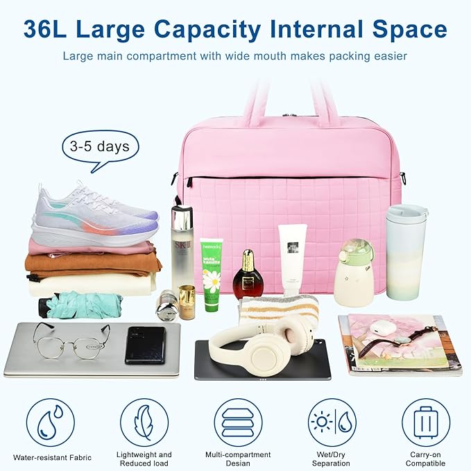 Felipe Varela Large Puffy Tote Bag, Gym Bags for Women with Shoe Compartment, Weekender Overnight Lightweight Carry on Puffer Duffle Bag for Travel (Pink,36L)