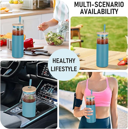 Glass Tumbler w/Lids & Straw: 24 oz Reusable Glass Cup w/Bamboo Lid, Stainless Steel Straws, BPA-Free, Leak-Proof, Dishwasher Safe for Coffee/Smoothies/Hot Beverage, Travel/Office/Home Use, 2-Pk