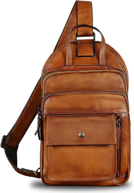 Genuine Leather Sling Bag for Men and Women Vintage Real Leather Fashion Sling Backpack Shoulder Crossbody Chest Purse