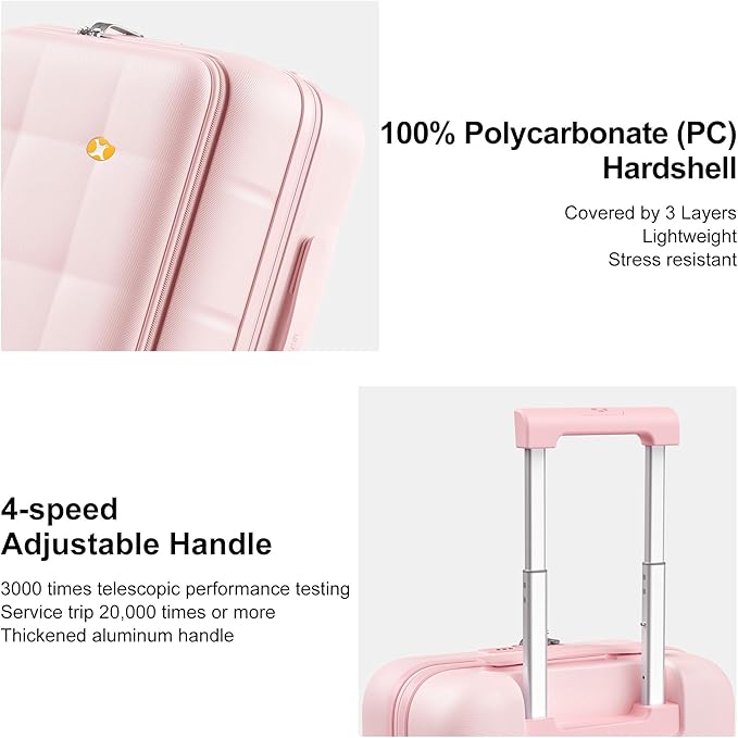 MGB 20 Inch Expandable Carry On Luggage with Wheels PC Hard Shell Suitcase Top Opening Travel Luggage Suitcases for Woman Men Gifts (Pink)