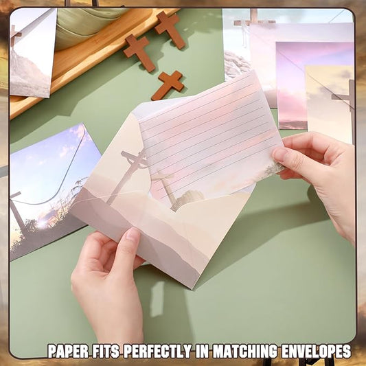 TaoBary 160 Pcs Stationery Paper Set 50 Double Sided Stationery Papers with 50 Matching Envelopes and 60 Round Dot Sticker, 10 Design(Religious Letter with Cross,5.5 x 8.25 Inch)