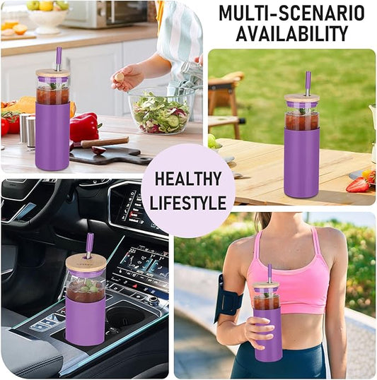 Glass Tumbler w/Lids & Straw:24oz Reusable Mug w/Bamboo Lid & Stainless Steel Straw-BPA-Free, Leak-Proof,Dishwasher Safe for Coffee,Smoothies, Hot Beverages, Travel, Office, Home Use,4-PK