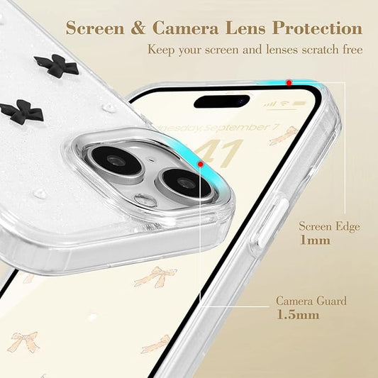 EYZUTAK Case for iPhone 15, Bling Glitter 3D Bowknot Phone Case Cute Sparkly Crystal Clear Bow Aesthetic Design Case Slim Soft Durable TPU Transparent Protective Cover for Women Girl - Black Bow