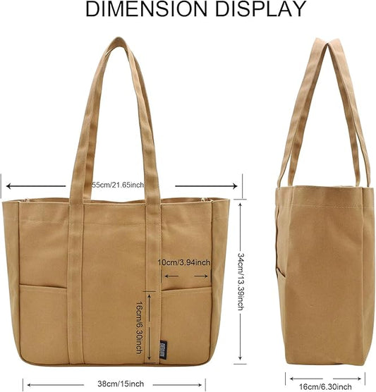 TeeYee Women's 20L Canvas Tote Bag Reusable Multi-Pocket Organizer for Travel Work Gym Shopping Large Shoulder Bag