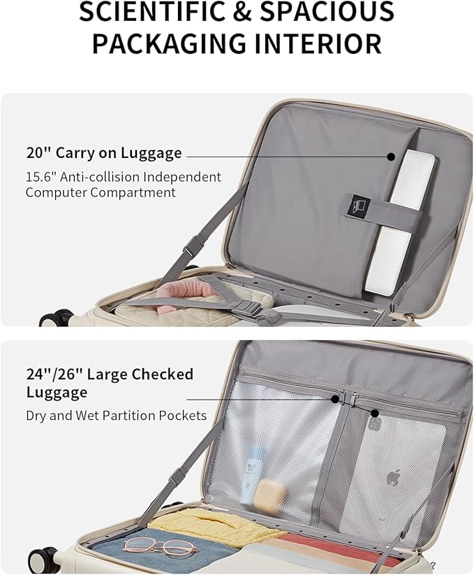 aji Expandable Top Open 26 Inch Checked Luggage with Spinner Wheels, Large Suitcase with TSA Lock, Hardside Travel Luggage Suitcases for Men Women, for 24+Days Travel, Coconut White