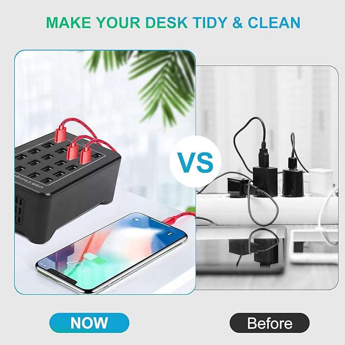 20-Port 100 W(20 A) Multiple USB Charger Station,RISWOJOR Multiport USB Charging Station with Intelligent Detection, Compatible with Smartphones, Tablets, and More Devices