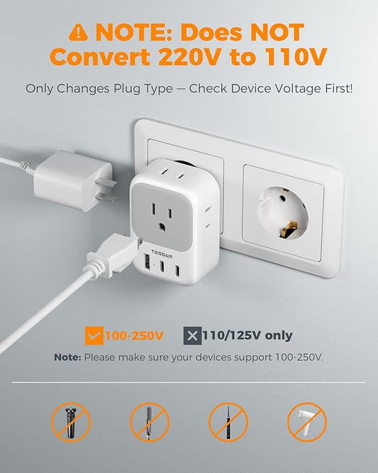 2 Pack European Travel Plug Adapter (No Voltage Conversion), TESSAN US to Europe Plug Adapter with 4 Electrical Outlets 3 USB Ports (2 USB C), Type C Power Adaptor for EU Italy Iceland Spain
