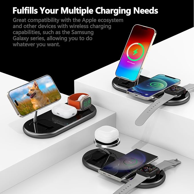 2025 Upgraded 3 in 1 Charging Station for Apple Devices, Fast Magnetic Mag-Safe Wireless Charger Stand for iPhone 16/15/14/13/12 Series & Apple Watch 1-10/Ultra & AirPods Pro (Black)
