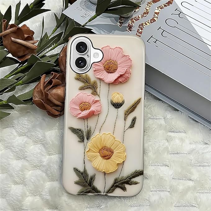 Case for iPhone 16 Plus Case,Faux Embroidery Boho Floral Design - Hybrid Dual Protection Silicone + Hard PC Shockproof Full Body Cover Slim Anti-Scratch Protective Case for Men Women