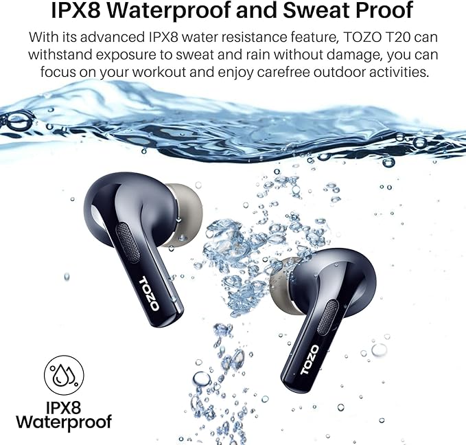 TOZO T20 Wireless Earbuds Bluetooth Headphones 48.5 Hrs Playtime with LED Digital Display, IPX8 Waterproof, Dual Mic Call Noise Cancelling 10mm Broad Range Speakers, 2025 Version