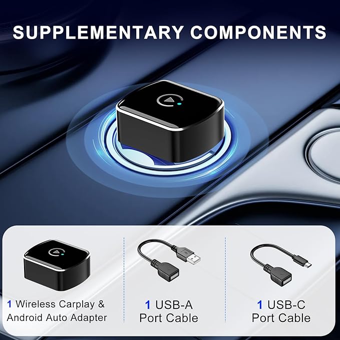 2 in 1 Wireless Carplay Adapter for Apple CarPlay & Android Auto, Mini Size with USB-A & USB-C Extension, Plug and Play, Car Play Wireless Adapter Compatible with iPhone iOS 10+, Android 11+