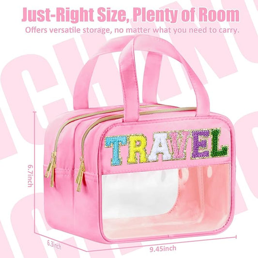 Chenille Letter Clear Travel Bags, Makeup Bag for Travel, Preppy Patch Nylon Cosmetic Bag with Handles and Zipper, Waterproof Large Clear Travel Toiletry Bag Storage Bag for Women Pink