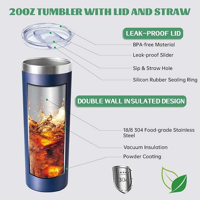 20 oz Skinny Tumbler with Lid and Straw,Stainless Steel Vacuum Insulated Tumbler Cup Double Wall Leak-proof Coffee Mug,Travel Thermal Water Tumbler for Home,Office,Outdoor(Navy Blue,1)
